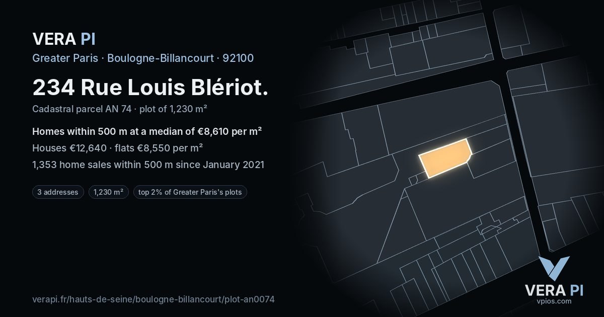 234 Rue Louis Blériot, Boulogne-Billancourt at night – the plot lit, the parcels around coloured by the prices near them