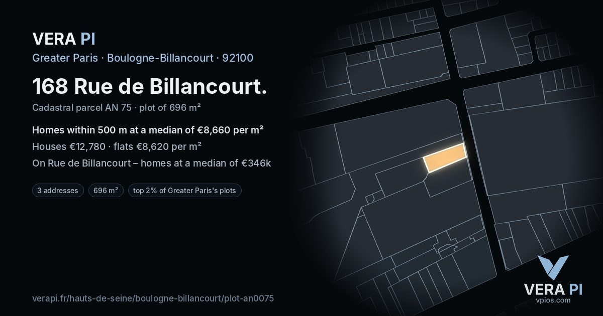 168 Rue de Billancourt, Boulogne-Billancourt at night – the plot lit, the parcels around coloured by the prices near them