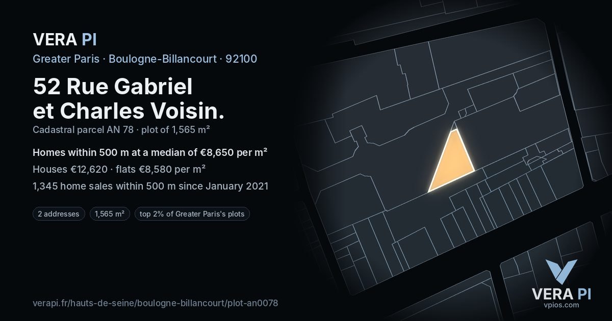 52 Rue Gabriel et Charles Voisin, Boulogne-Billancourt at night – the plot lit, the parcels around coloured by the prices near them