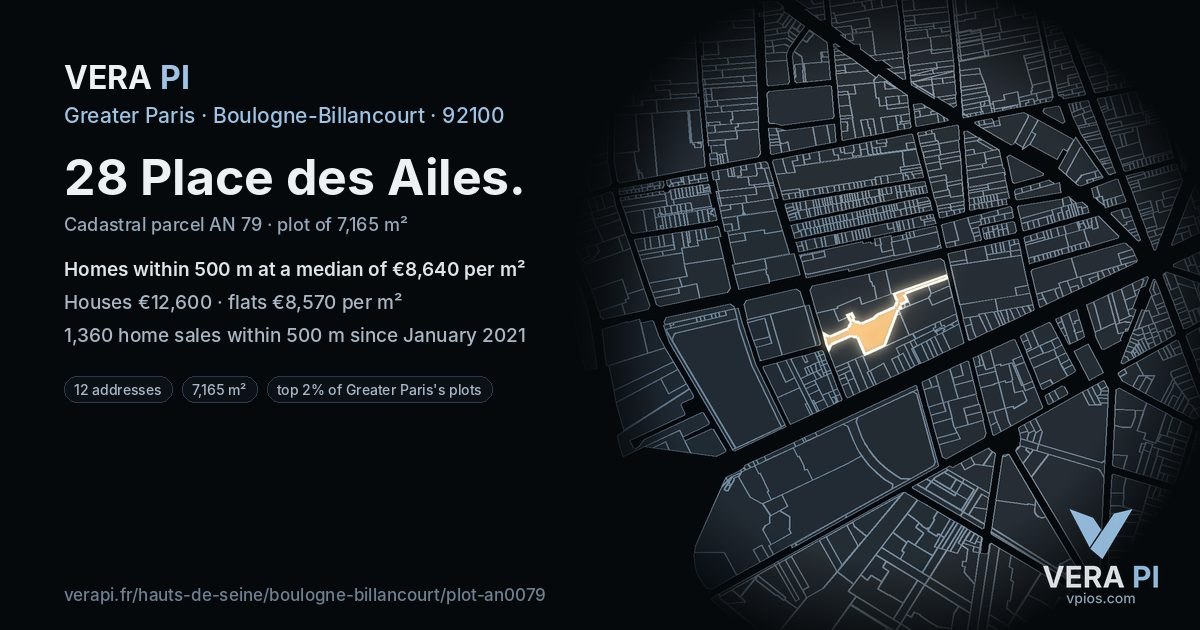 28 Place des Ailes, Boulogne-Billancourt at night – the plot lit, the parcels around coloured by the prices near them
