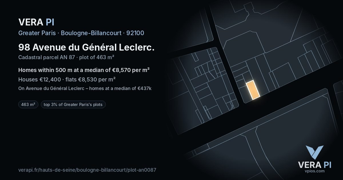98 Avenue du Général Leclerc, Boulogne-Billancourt at night – the plot lit, the parcels around coloured by the prices near them