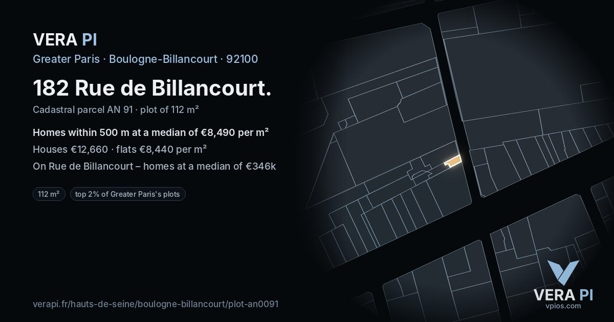 182 Rue de Billancourt, Boulogne-Billancourt at night – the plot lit, the parcels around coloured by the prices near them