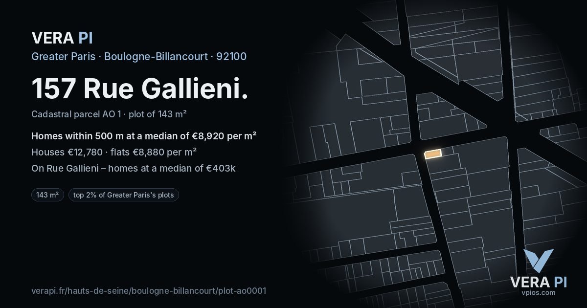 157 Rue Gallieni, Boulogne-Billancourt at night – the plot lit, the parcels around coloured by the prices near them