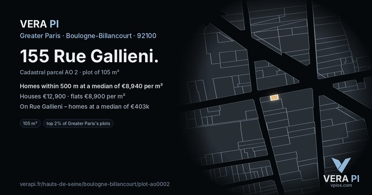 155 Rue Gallieni, Boulogne-Billancourt at night – the plot lit, the parcels around coloured by the prices near them
