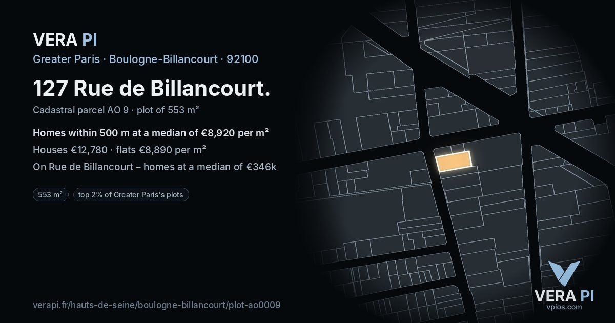 127 Rue de Billancourt, Boulogne-Billancourt at night – the plot lit, the parcels around coloured by the prices near them