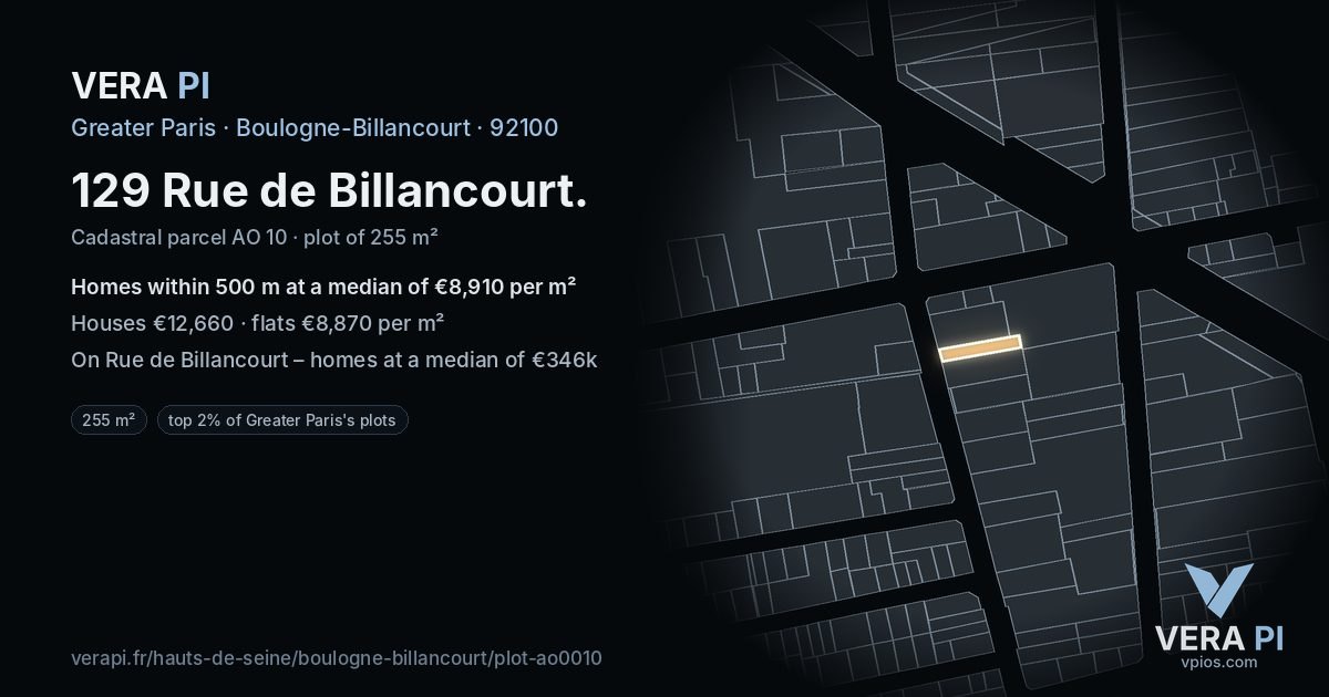 129 Rue de Billancourt, Boulogne-Billancourt at night – the plot lit, the parcels around coloured by the prices near them