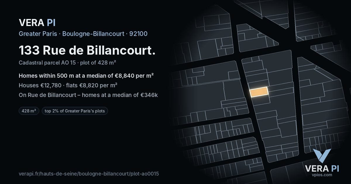 133 Rue de Billancourt, Boulogne-Billancourt at night – the plot lit, the parcels around coloured by the prices near them