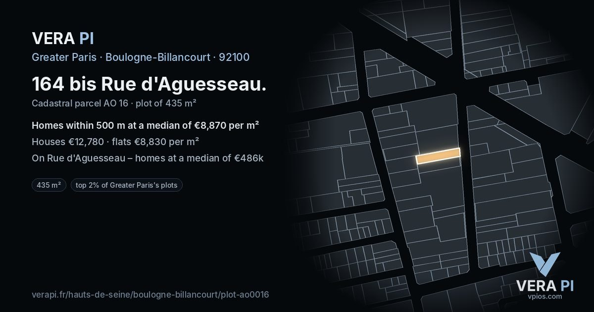 164 bis Rue d'Aguesseau, Boulogne-Billancourt at night – the plot lit, the parcels around coloured by the prices near them