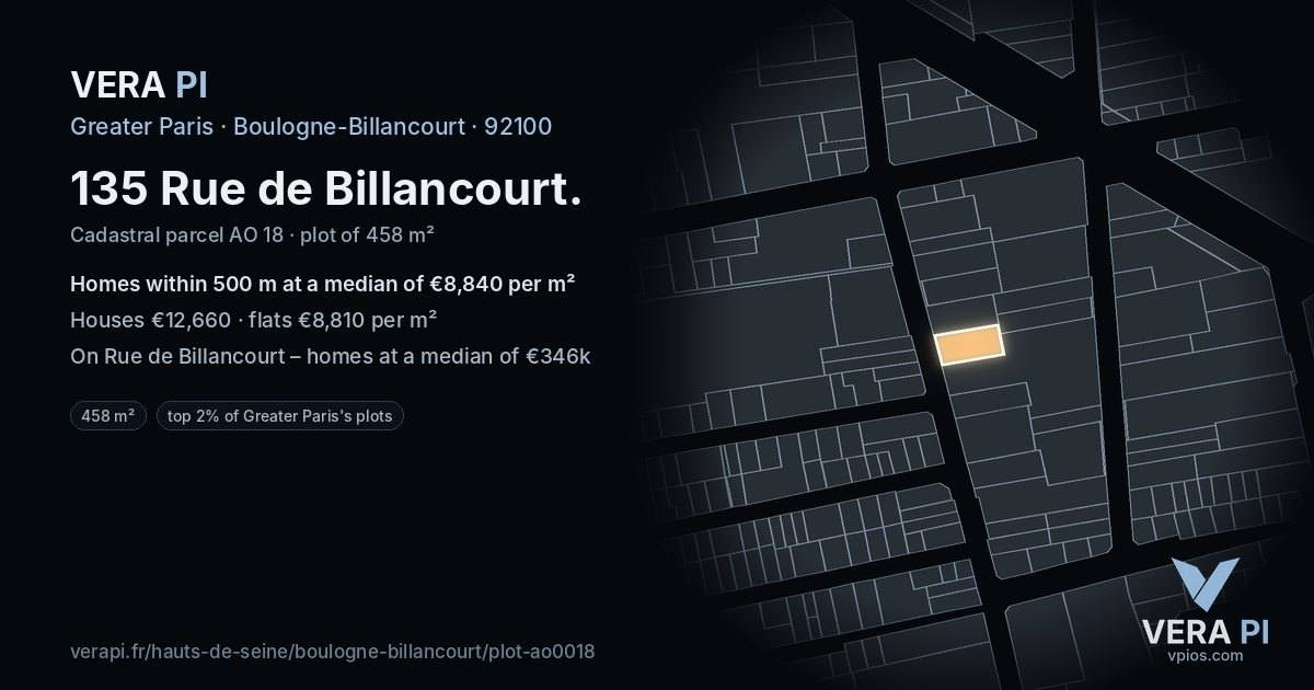 135 Rue de Billancourt, Boulogne-Billancourt at night – the plot lit, the parcels around coloured by the prices near them
