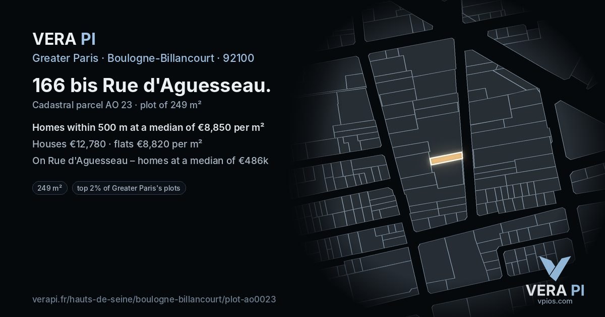 166 bis Rue d'Aguesseau, Boulogne-Billancourt at night – the plot lit, the parcels around coloured by the prices near them