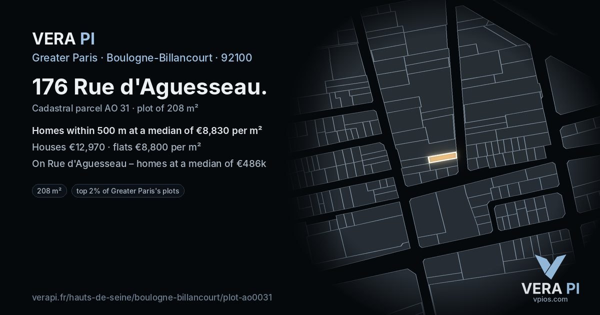 176 Rue d'Aguesseau, Boulogne-Billancourt at night – the plot lit, the parcels around coloured by the prices near them