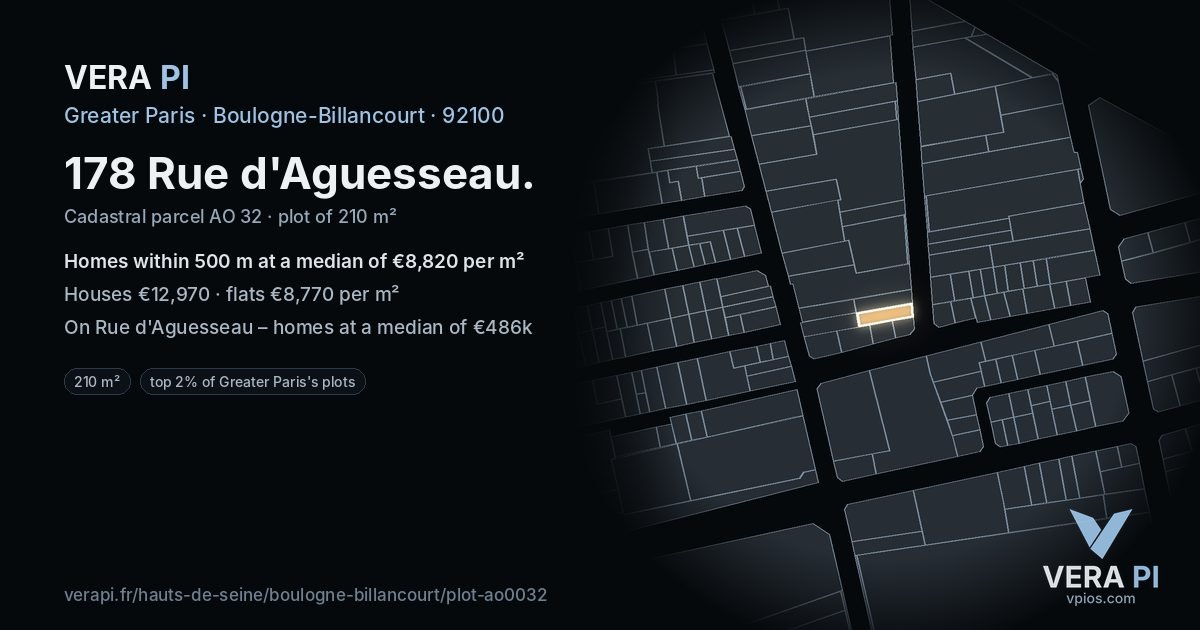 178 Rue d'Aguesseau, Boulogne-Billancourt at night – the plot lit, the parcels around coloured by the prices near them