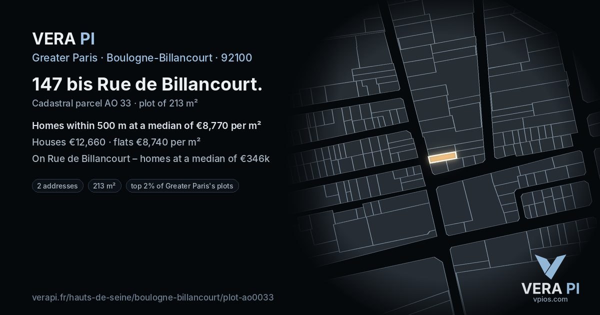 147 bis Rue de Billancourt, Boulogne-Billancourt at night – the plot lit, the parcels around coloured by the prices near them