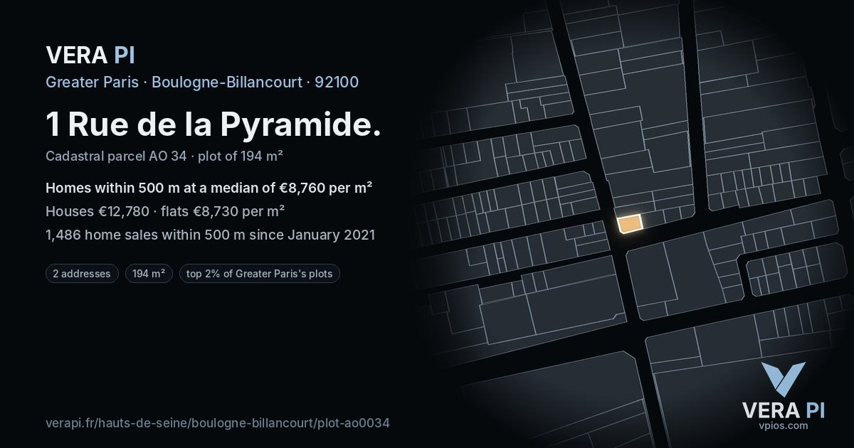1 Rue de la Pyramide, Boulogne-Billancourt at night – the plot lit, the parcels around coloured by the prices near them