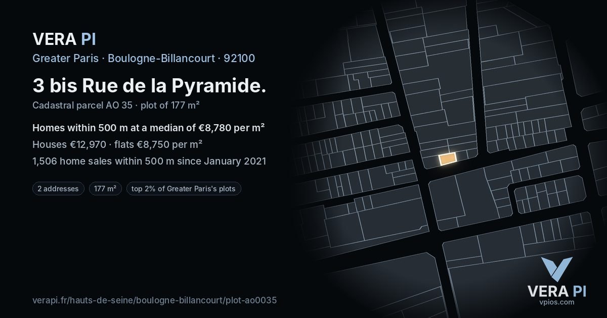 3 bis Rue de la Pyramide, Boulogne-Billancourt at night – the plot lit, the parcels around coloured by the prices near them
