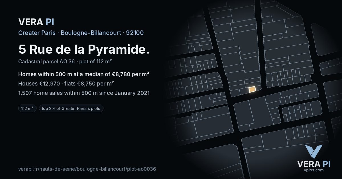 5 Rue de la Pyramide, Boulogne-Billancourt at night – the plot lit, the parcels around coloured by the prices near them