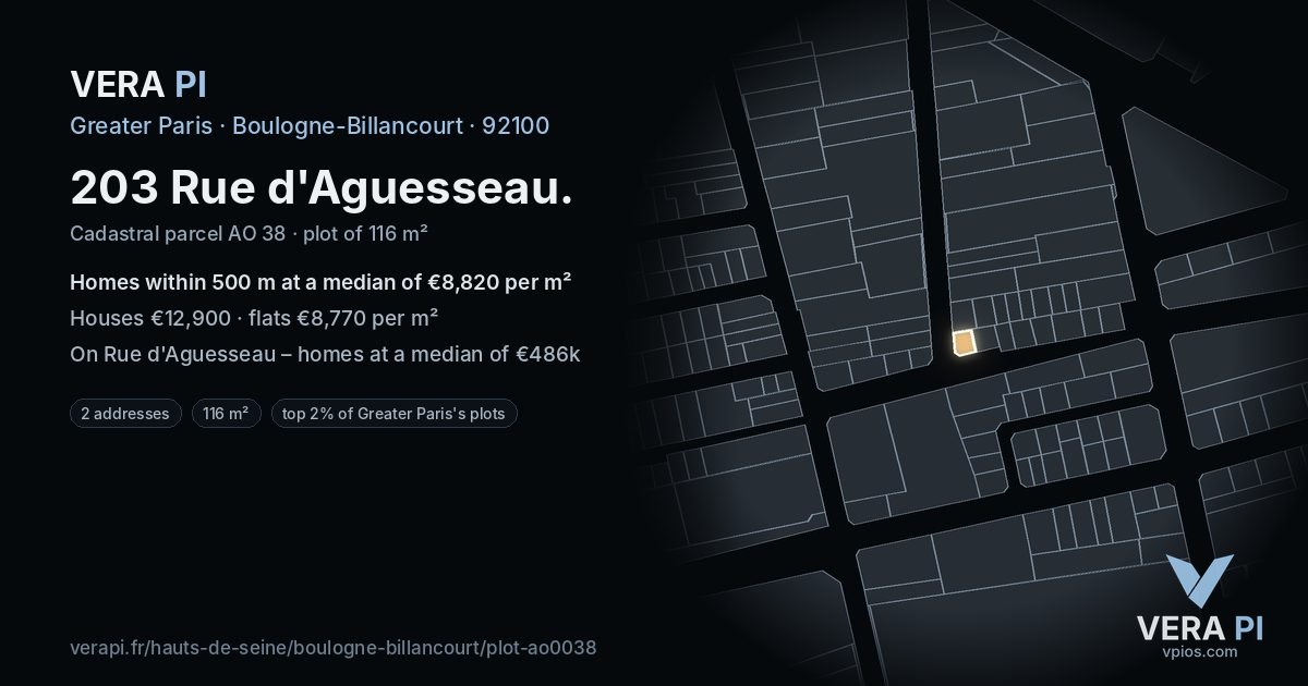 203 Rue d'Aguesseau, Boulogne-Billancourt at night – the plot lit, the parcels around coloured by the prices near them