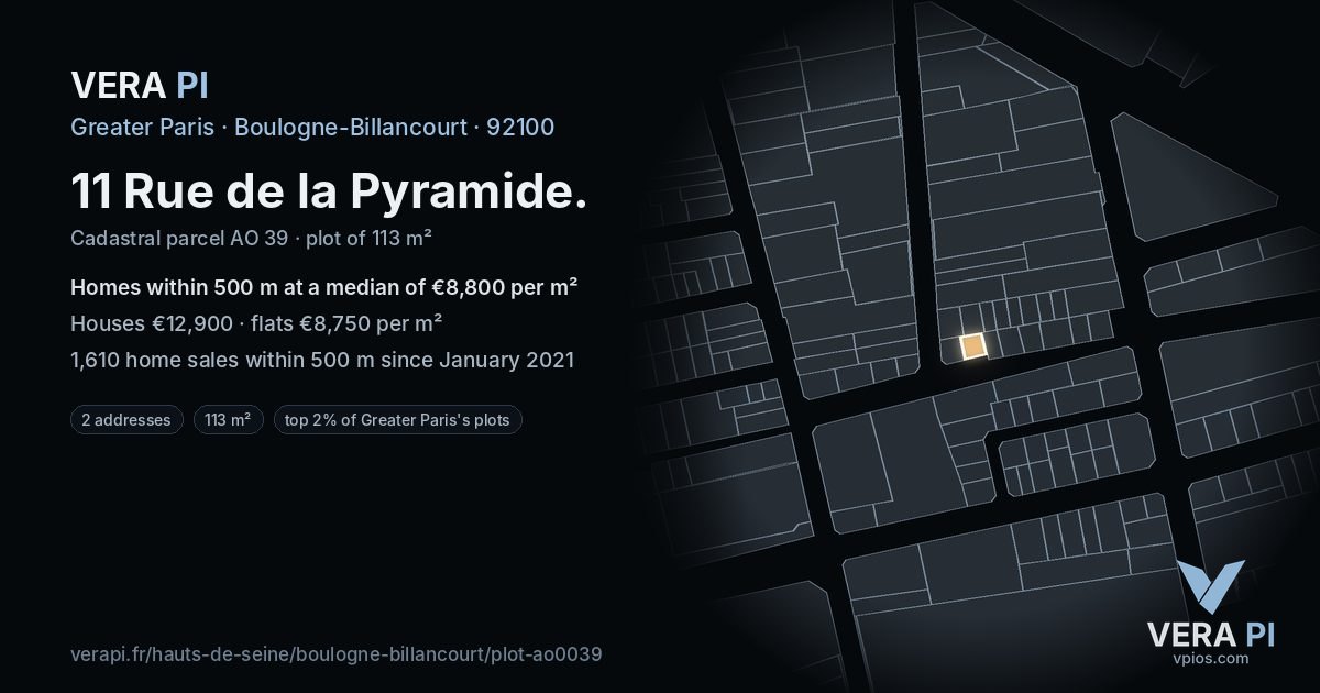 11 Rue de la Pyramide, Boulogne-Billancourt at night – the plot lit, the parcels around coloured by the prices near them