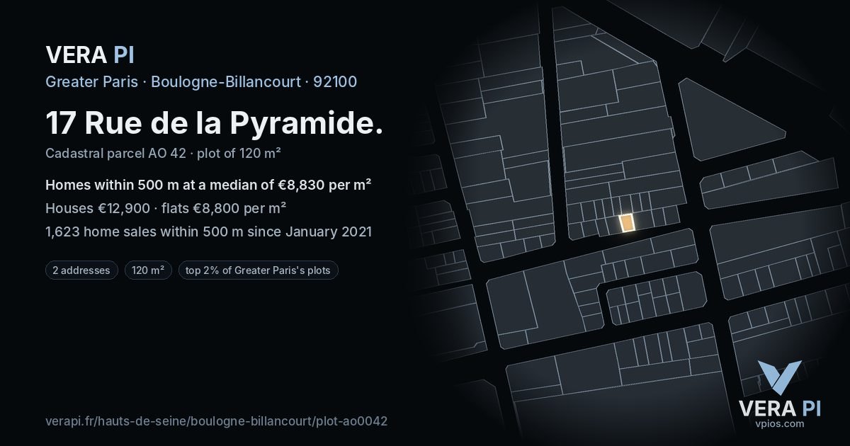 17 Rue de la Pyramide, Boulogne-Billancourt at night – the plot lit, the parcels around coloured by the prices near them