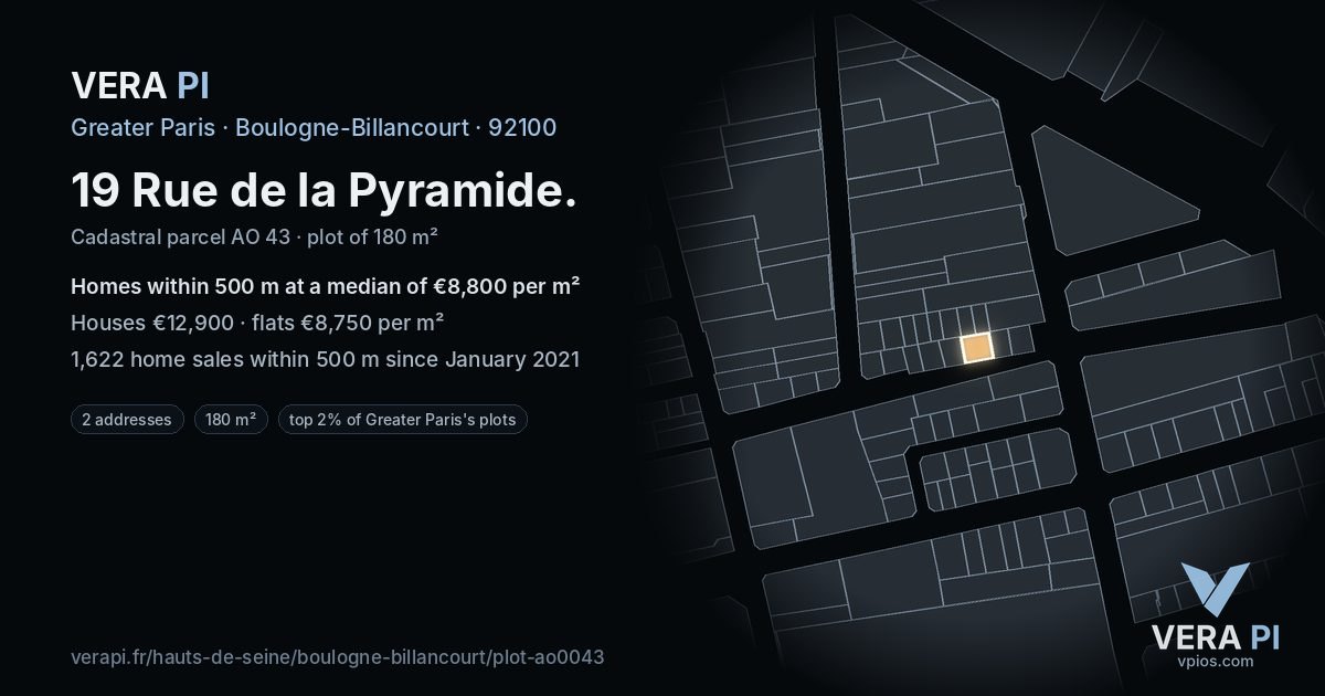 19 Rue de la Pyramide, Boulogne-Billancourt at night – the plot lit, the parcels around coloured by the prices near them