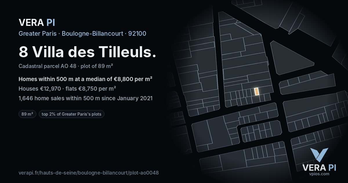 8 Villa des Tilleuls, Boulogne-Billancourt at night – the plot lit, the parcels around coloured by the prices near them