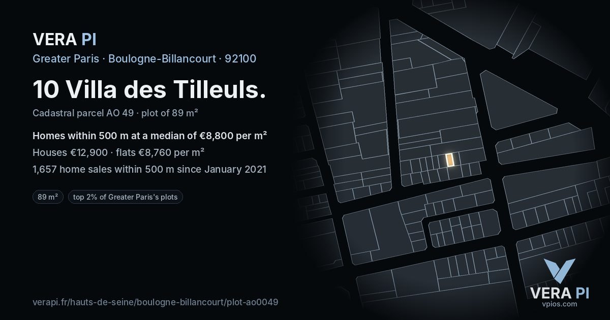 10 Villa des Tilleuls, Boulogne-Billancourt at night – the plot lit, the parcels around coloured by the prices near them