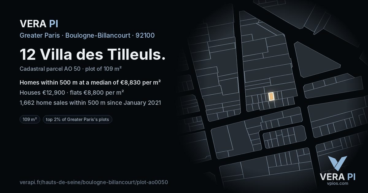 12 Villa des Tilleuls, Boulogne-Billancourt at night – the plot lit, the parcels around coloured by the prices near them