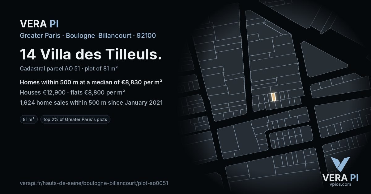 14 Villa des Tilleuls, Boulogne-Billancourt at night – the plot lit, the parcels around coloured by the prices near them