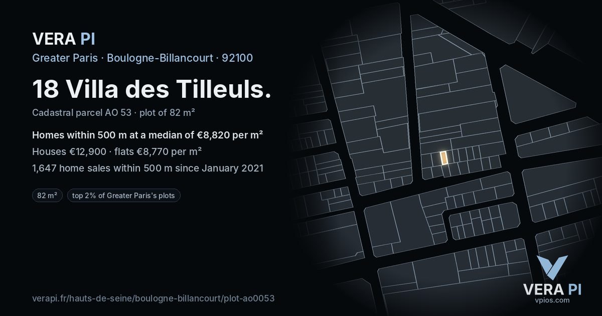18 Villa des Tilleuls, Boulogne-Billancourt at night – the plot lit, the parcels around coloured by the prices near them