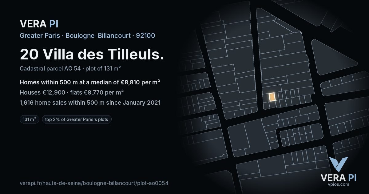 20 Villa des Tilleuls, Boulogne-Billancourt at night – the plot lit, the parcels around coloured by the prices near them