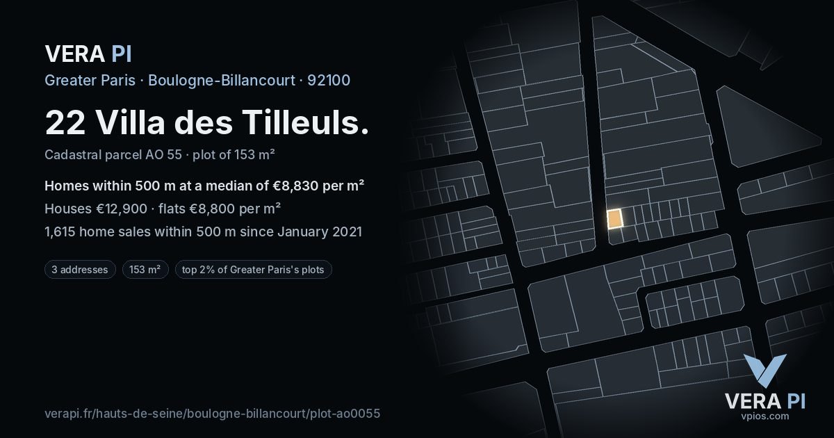 22 Villa des Tilleuls, Boulogne-Billancourt at night – the plot lit, the parcels around coloured by the prices near them