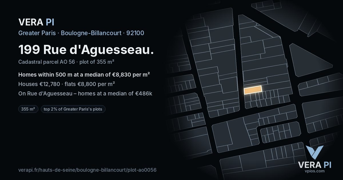 199 Rue d'Aguesseau, Boulogne-Billancourt at night – the plot lit, the parcels around coloured by the prices near them