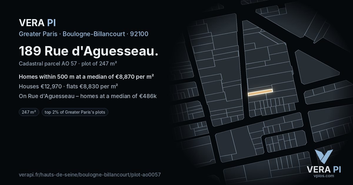 189 Rue d'Aguesseau, Boulogne-Billancourt at night – the plot lit, the parcels around coloured by the prices near them