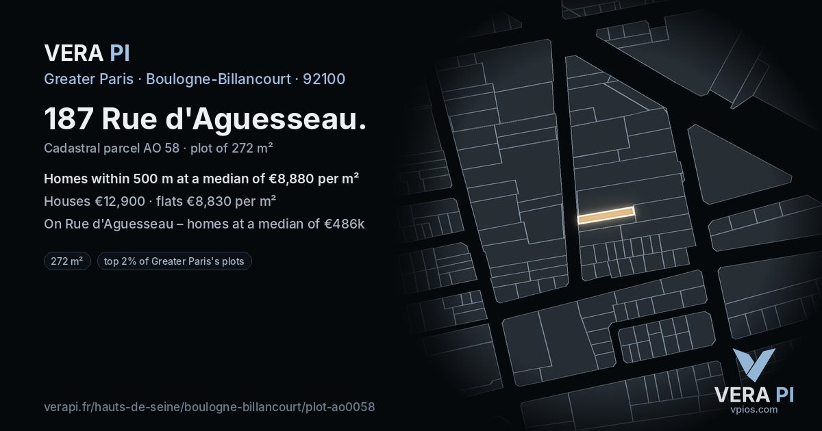 187 Rue d'Aguesseau, Boulogne-Billancourt at night – the plot lit, the parcels around coloured by the prices near them