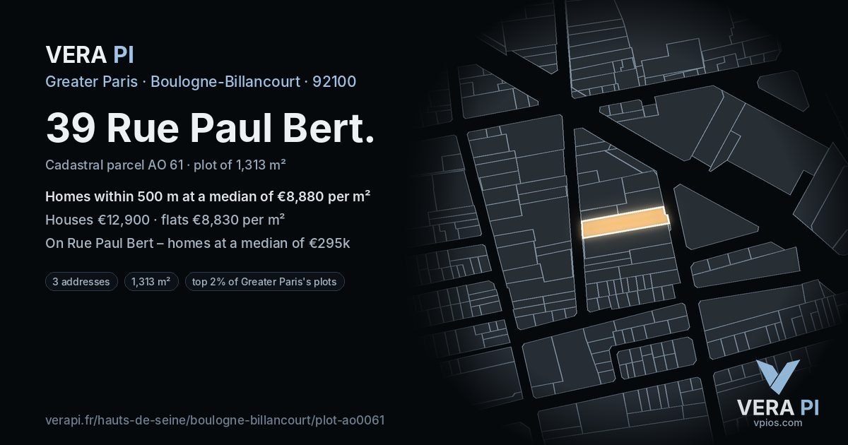 39 Rue Paul Bert, Boulogne-Billancourt at night – the plot lit, the parcels around coloured by the prices near them