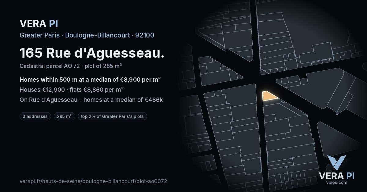 165 Rue d'Aguesseau, Boulogne-Billancourt at night – the plot lit, the parcels around coloured by the prices near them