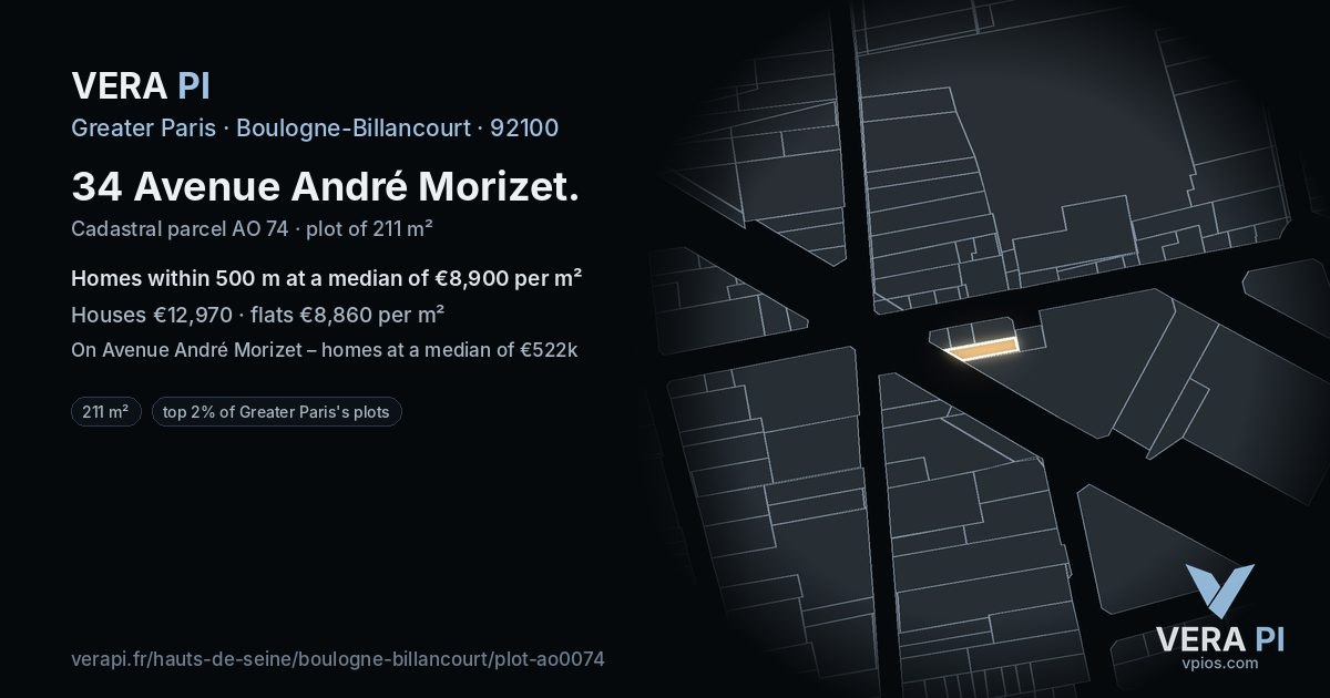34 Avenue André Morizet, Boulogne-Billancourt at night – the plot lit, the parcels around coloured by the prices near them