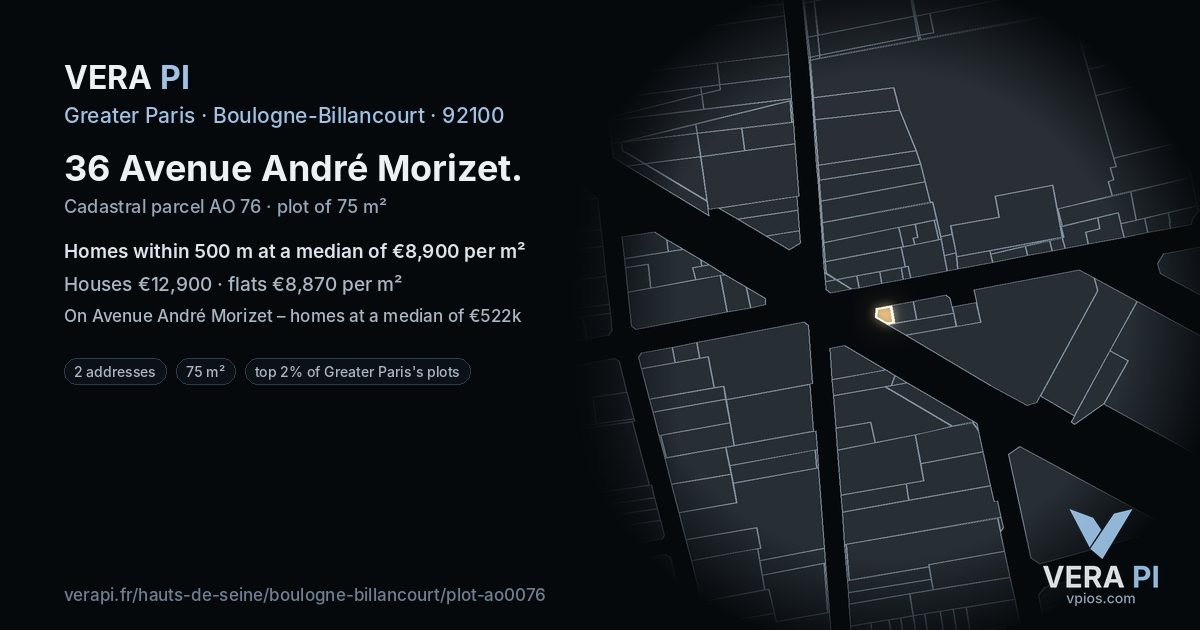 36 Avenue André Morizet, Boulogne-Billancourt at night – the plot lit, the parcels around coloured by the prices near them