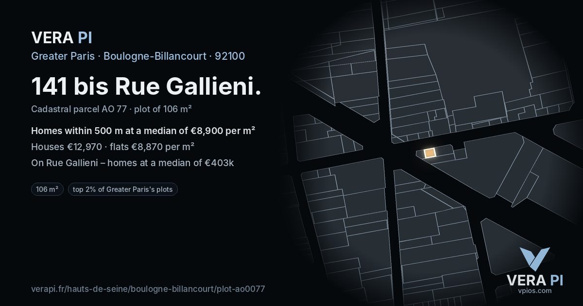 141 bis Rue Gallieni, Boulogne-Billancourt at night – the plot lit, the parcels around coloured by the prices near them