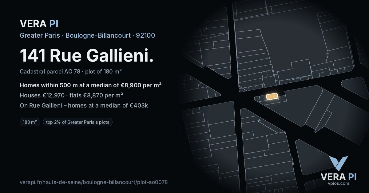 141 Rue Gallieni, Boulogne-Billancourt at night – the plot lit, the parcels around coloured by the prices near them