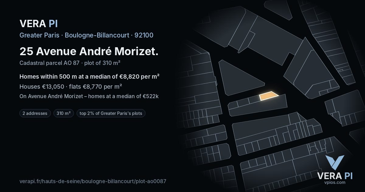25 Avenue André Morizet, Boulogne-Billancourt at night – the plot lit, the parcels around coloured by the prices near them