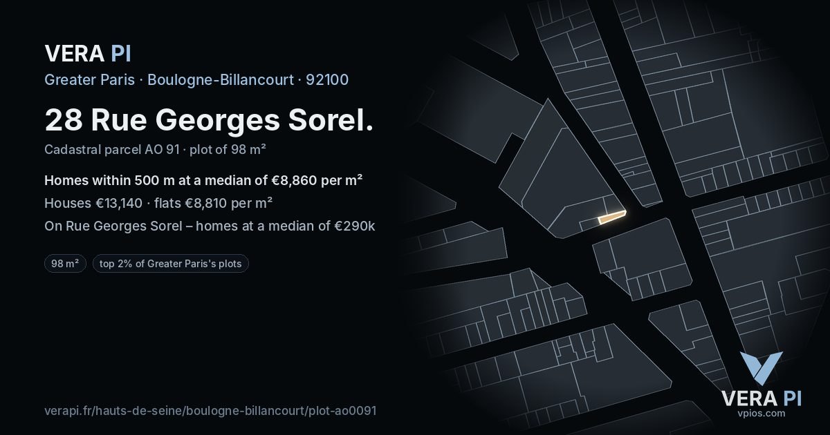28 Rue Georges Sorel, Boulogne-Billancourt at night – the plot lit, the parcels around coloured by the prices near them