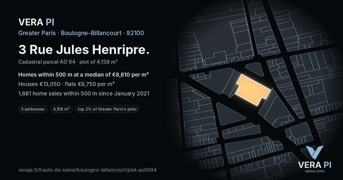 3 Rue Jules Henripre, Boulogne-Billancourt at night – the plot lit, the parcels around coloured by the prices near them