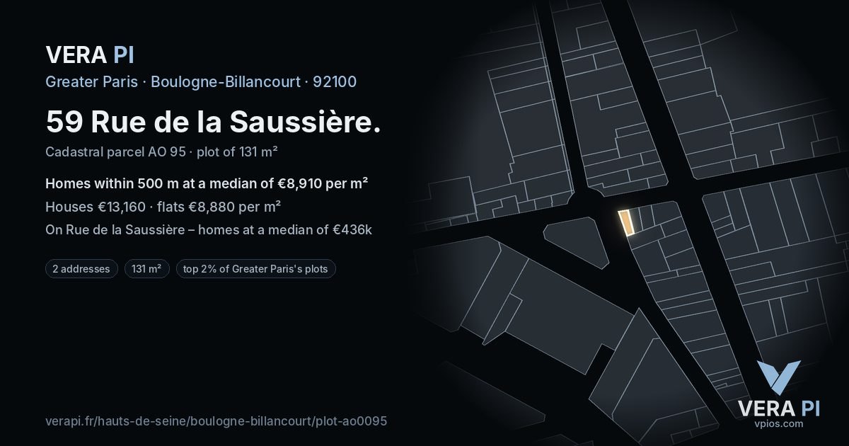 59 Rue de la Saussière, Boulogne-Billancourt at night – the plot lit, the parcels around coloured by the prices near them
