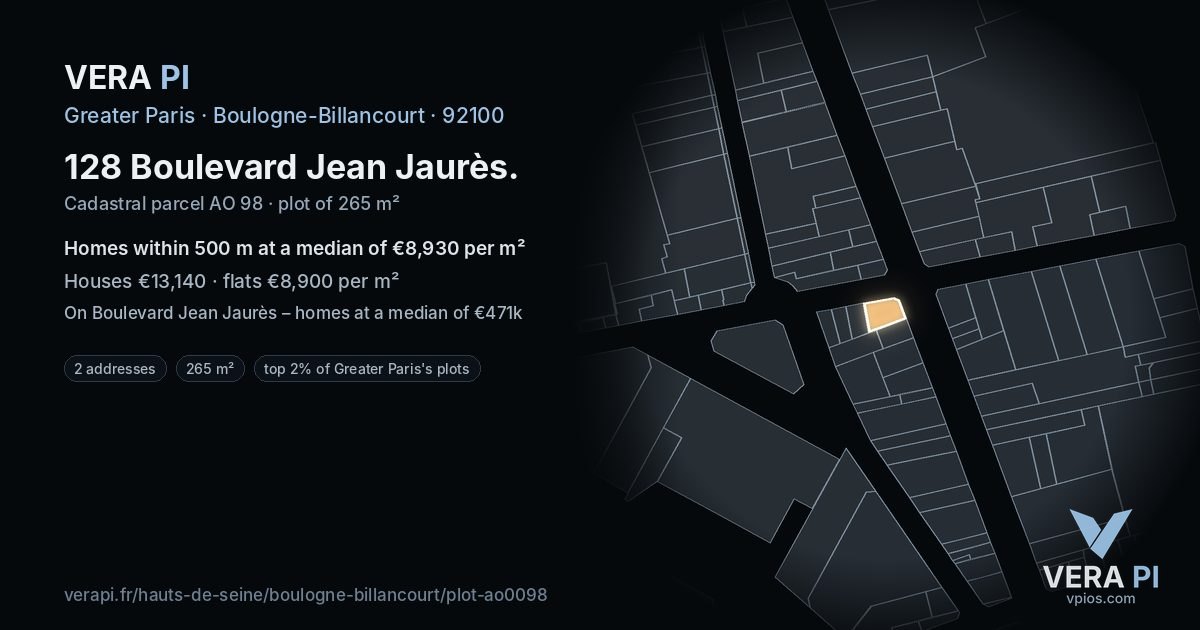 128 Boulevard Jean Jaurès, Boulogne-Billancourt at night – the plot lit, the parcels around coloured by the prices near them