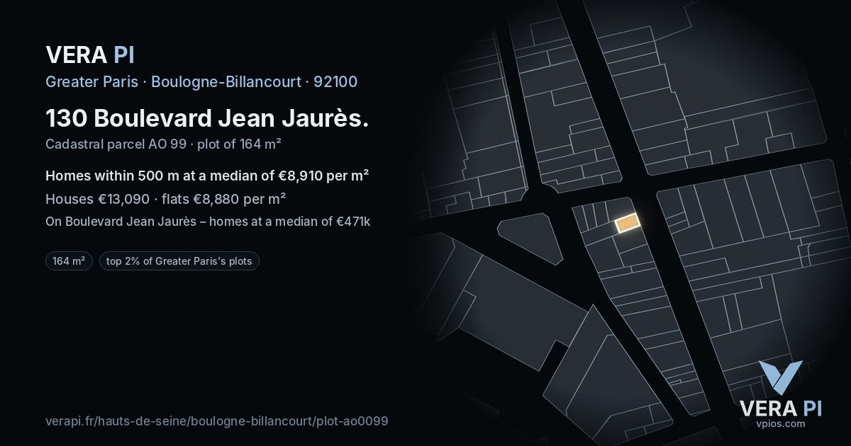 130 Boulevard Jean Jaurès, Boulogne-Billancourt at night – the plot lit, the parcels around coloured by the prices near them