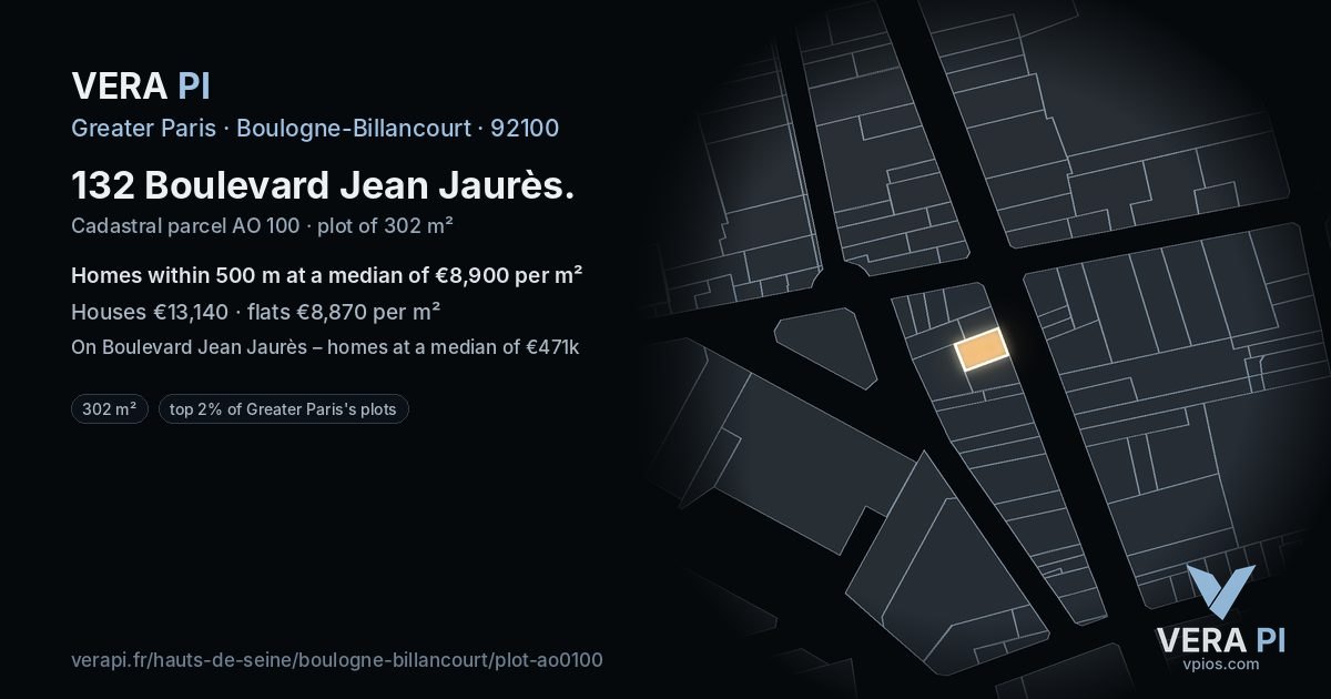 132 Boulevard Jean Jaurès, Boulogne-Billancourt at night – the plot lit, the parcels around coloured by the prices near them