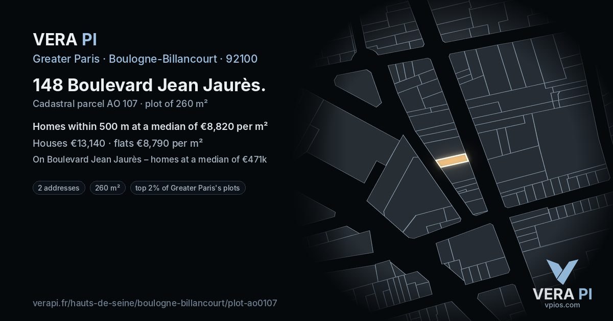 148 Boulevard Jean Jaurès, Boulogne-Billancourt at night – the plot lit, the parcels around coloured by the prices near them