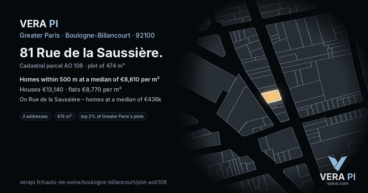 81 Rue de la Saussière, Boulogne-Billancourt at night – the plot lit, the parcels around coloured by the prices near them