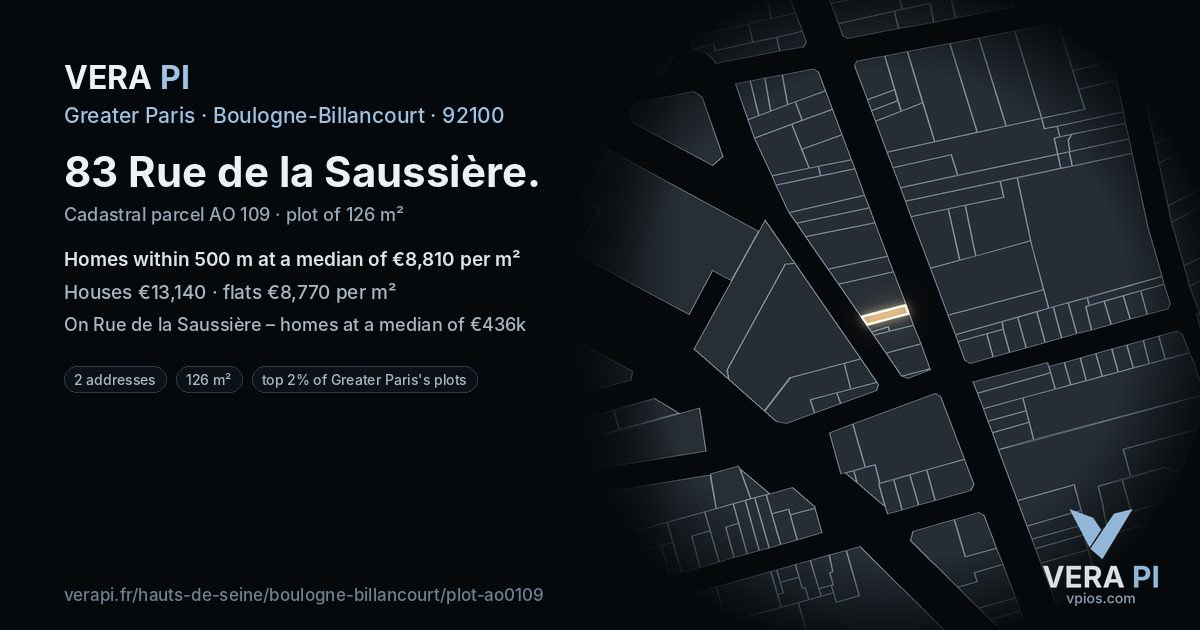 83 Rue de la Saussière, Boulogne-Billancourt at night – the plot lit, the parcels around coloured by the prices near them